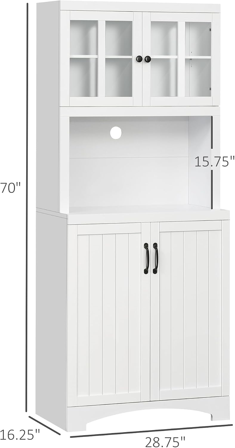 Kitchen Hutch, Pantry Cabinet with Glass Framed Door, Adjustable Shelves and Microwave Space for Dining Room, White