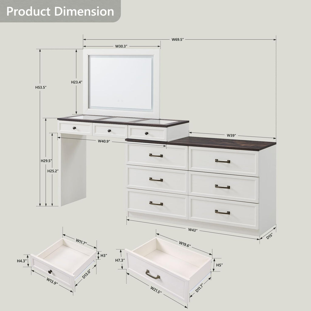 Aitjunz 69" W Farmhouse Vanity Desk with Glass Top,9 Drawers, Antique White | Wood Makeup Table with Large Storage Drawers, Rustic Bedroom Dressing Table w/3 Color Available Light & 30" HD Led Mirror