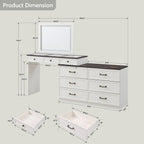 Aitjunz 69" W Farmhouse Vanity Desk with Glass Top,9 Drawers, Antique White | Wood Makeup Table with Large Storage Drawers, Rustic Bedroom Dressing Table w/3 Color Available Light & 30" HD Led Mirror