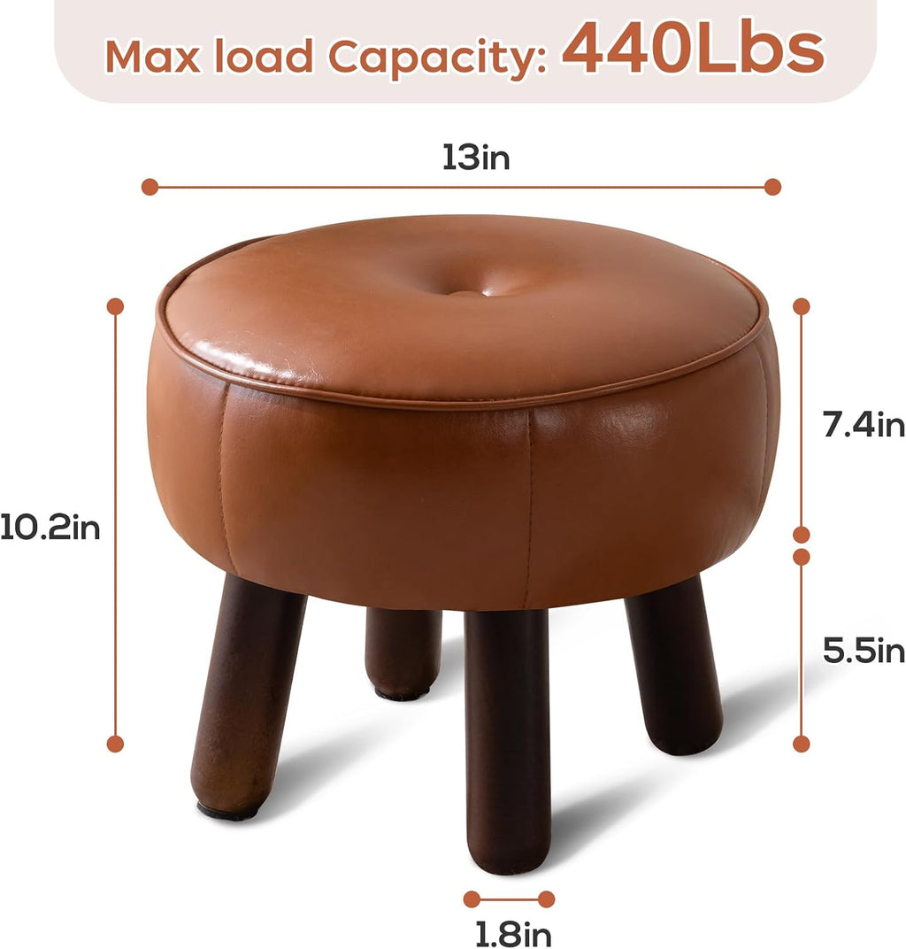 oakvivo Small Foot Stool, 13in Round Faux Leather Pouf Ottoman Foot Rest | Footstool Ottomans with Rubber Legs Under Desk, 13''L x 13''W x 10.2''H, Footrest for Couch, Living Room Bedroom, Brown