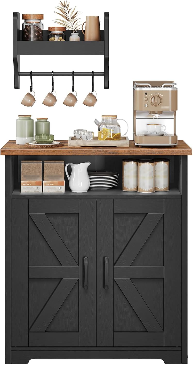 YATINEY Coffee Bar Cabinet, Kitchen Island with Storage, Farmhouse Sideboard Buffet Cabinet with Dual-Purpose Floating Shelf and Hooks, for Restaurant, Living Room, Rustic Brown KF22BR