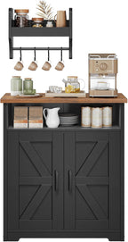 YATINEY Coffee Bar Cabinet, Kitchen Island with Storage, Farmhouse Sideboard Buffet Cabinet with Dual-Purpose Floating Shelf and Hooks, for Restaurant, Living Room, Rustic Brown KF22BR