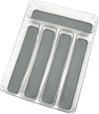 5 Compartments Silverware Tray for Drawer, Plastic Utensil Cutlery Drawer Organizer w/Grip Lining (Clear&Grey)