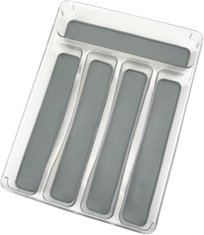 5 Compartments Silverware Tray for Drawer, Plastic Utensil Cutlery Drawer Organizer w/Grip Lining (Clear&Grey)