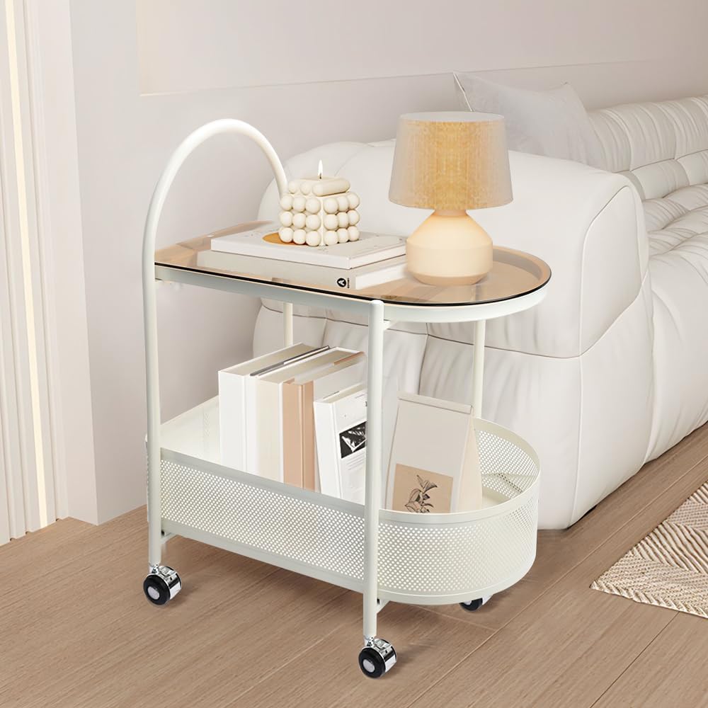 2 Tier Rolling Side Table, Metal Coffee Sofa Side End Table,Handle Utility Cart, Bed Side Table with Wheels Night Stand, Serving Cart,Drink Cart, for Living Room, Bedroom, Bathroom,White