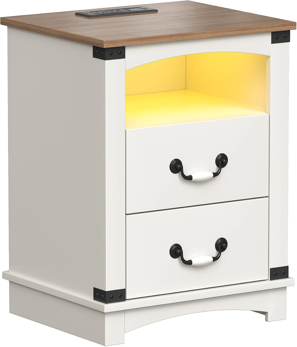Maupvit Farmhouse Night Stand with Charger Station & Ceramic Handle, Wood Nightstand with 2 Storage Drawers, LED Bedroom Nightstand, Bedside Tables, Antique White