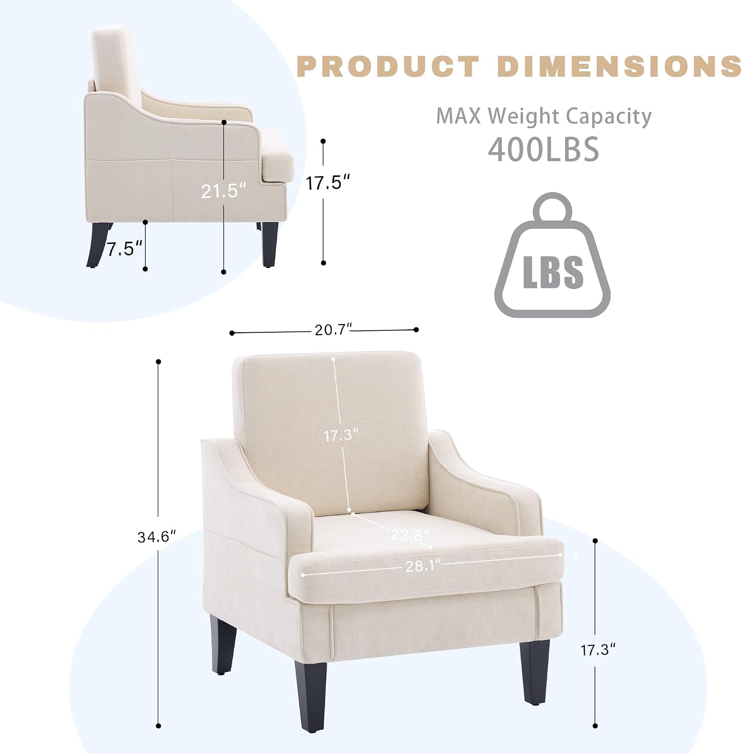 Accent Chair for Living Room,Mid-Century Arm Chair Fabric Living Room Chairs,Upholstered Reading Chair for Bedroom,Single Sofa Chair with Wood Legs for Apartment (Beige)
