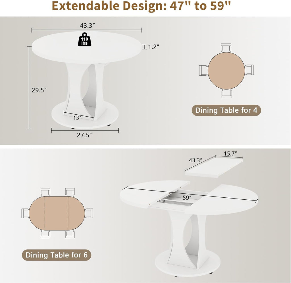 iPormis 43"-59" Extendable Dining Table, Round Kitchen Table with Modern Arcs Pedestal, Oval Dinner Table with Removable Leaves,Hidden Storage, for Kitchen, Dining Room, Living Room, Office, White