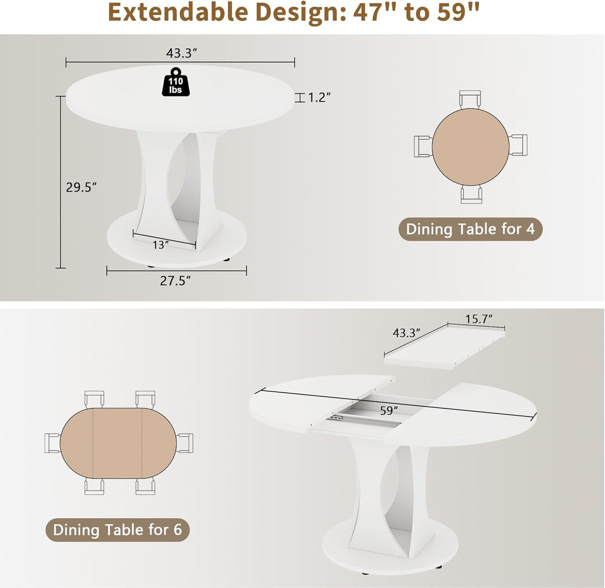 iPormis 43"-59" Extendable Dining Table, Round Kitchen Table with Modern Arcs Pedestal, Oval Dinner Table with Removable Leaves,Hidden Storage, for Kitchen, Dining Room, Living Room, Office, White