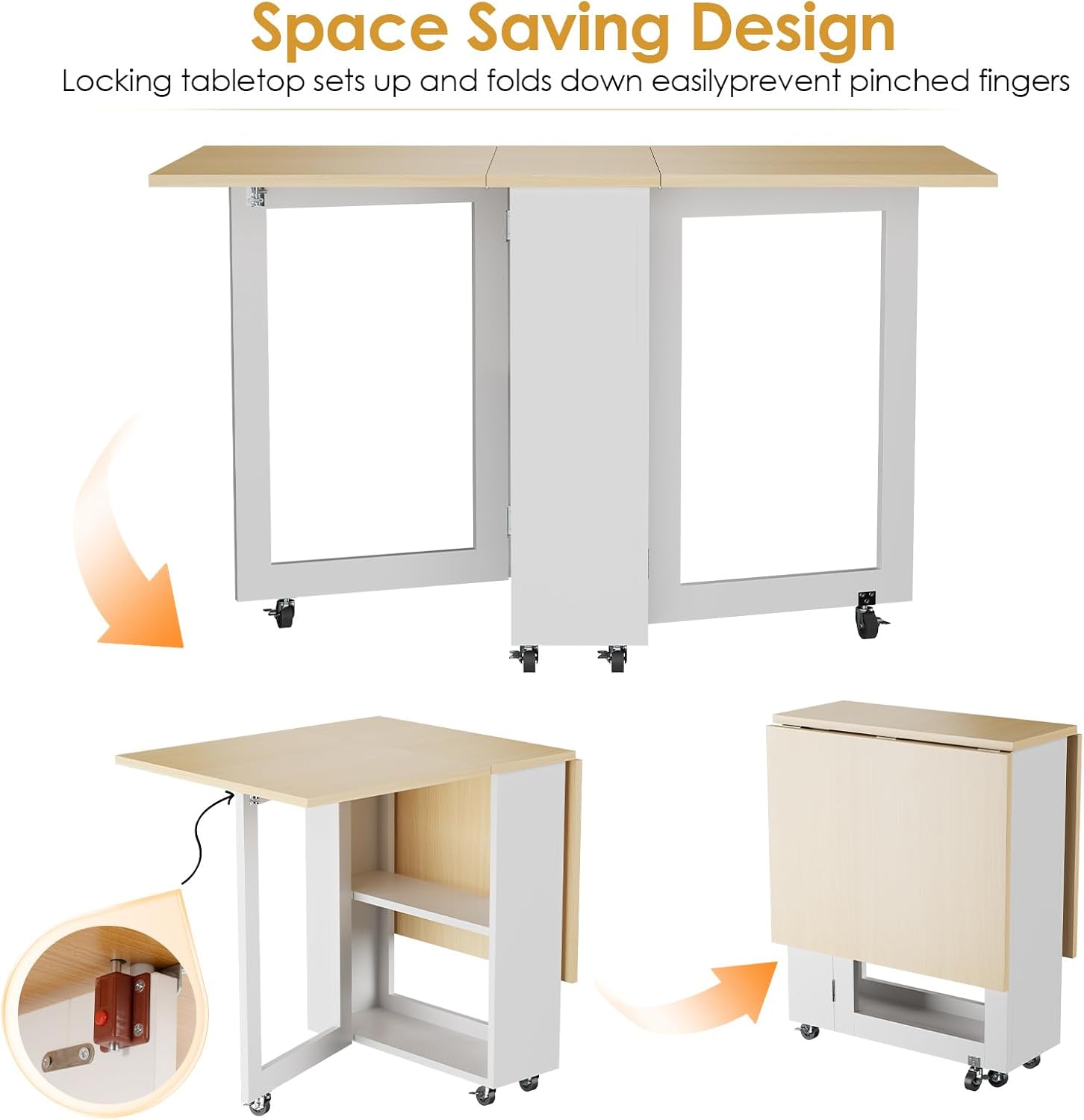 LotFun Folding Dining Table, Space-Saving Dining Table with 6 Rolling Wheels and 2-Tier Storage Shelf, Kitchen Table for Small Spaces