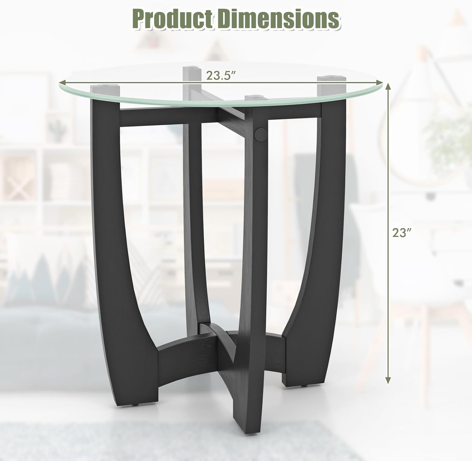 Giantex Glass End Tables Set of 2, Round Side Tables with Rubber Wood Frame & Tempered Glass Top, 23.5" Small Black Coffee Table, Modern Glass Nightstand for Living Room Balcony Bedroom, Easy Assembly