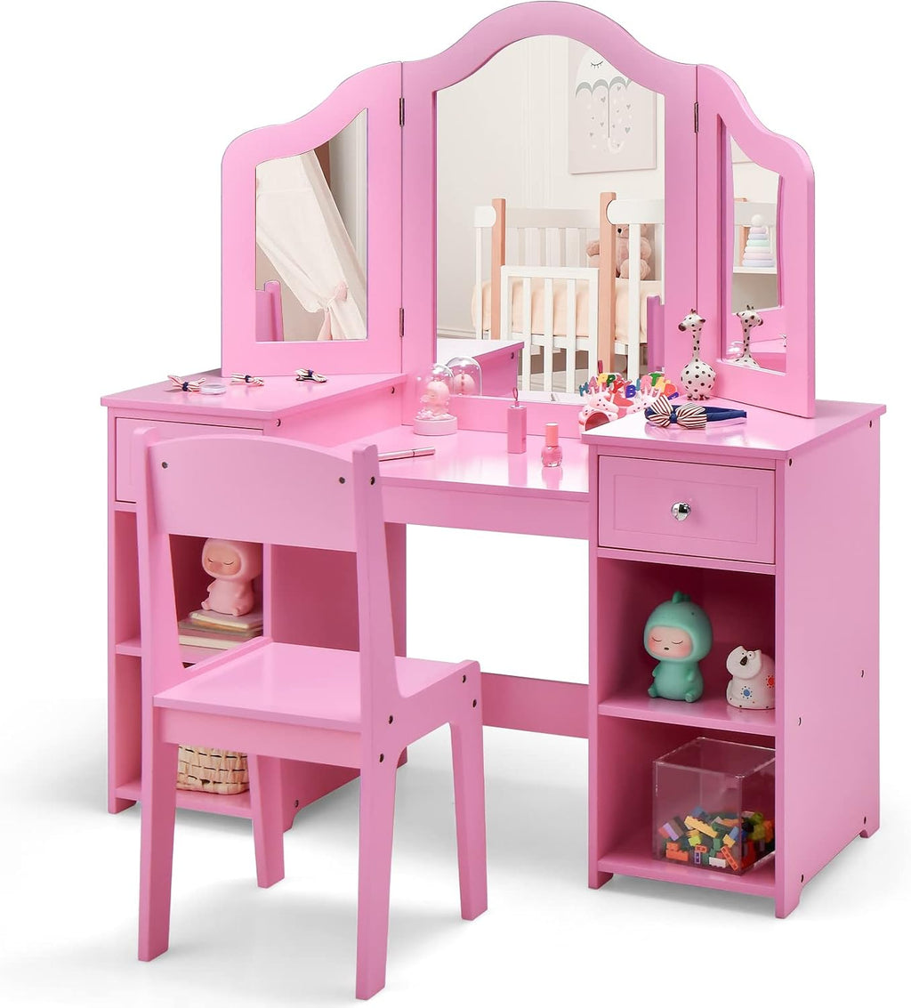 INFANS Kids Vanity, 2 in 1 Princess Makeup Desk and Chair Set with Drawers Tri-Folding Detachable Mirror Large Storage Shelves, Wooden Dressing Table, Pretend Play Vanity Set for Toddler Girls