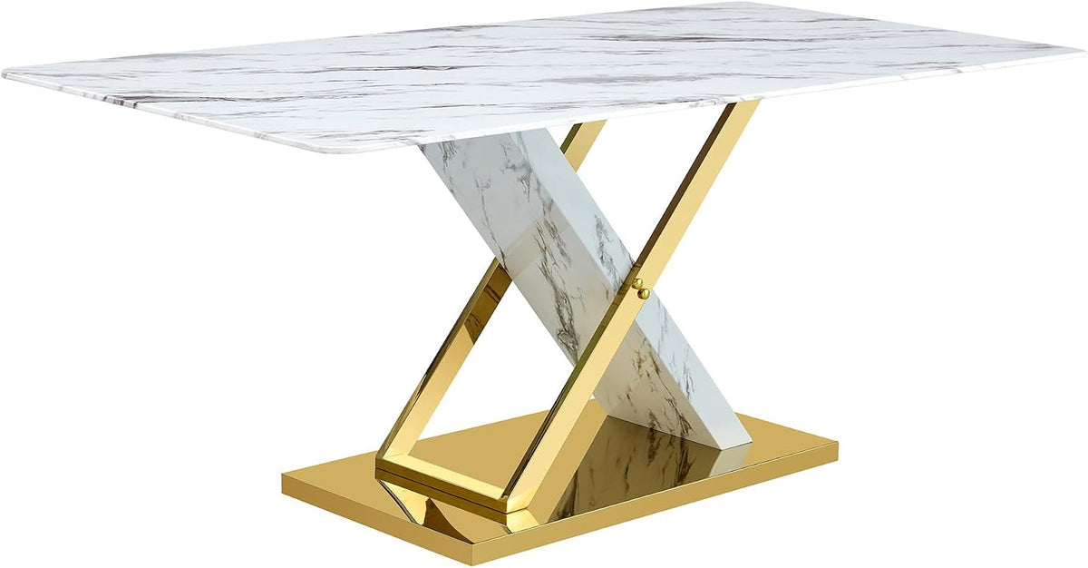 YUNDREAM Modern Marble Dining Table Set for 8,Black Gold 71'' Dining Room Table with Chrome Plated X-Shaped Frame and Black Leather Dining Chairs,Easy Assemble,Kitchen Table and Chairs for Dining Room