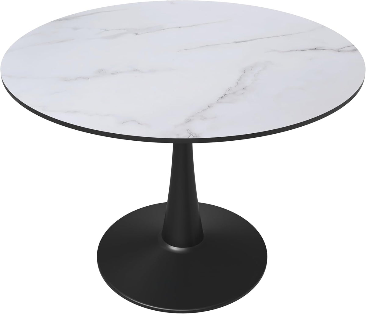 LeisureMod Bristol 40" Round Dining Table, Modern MDF Wood in Black Metal Pedestal Base Accent Table Mid-Century Café Table, Kitchen Dining Room Furniture, Marbled White