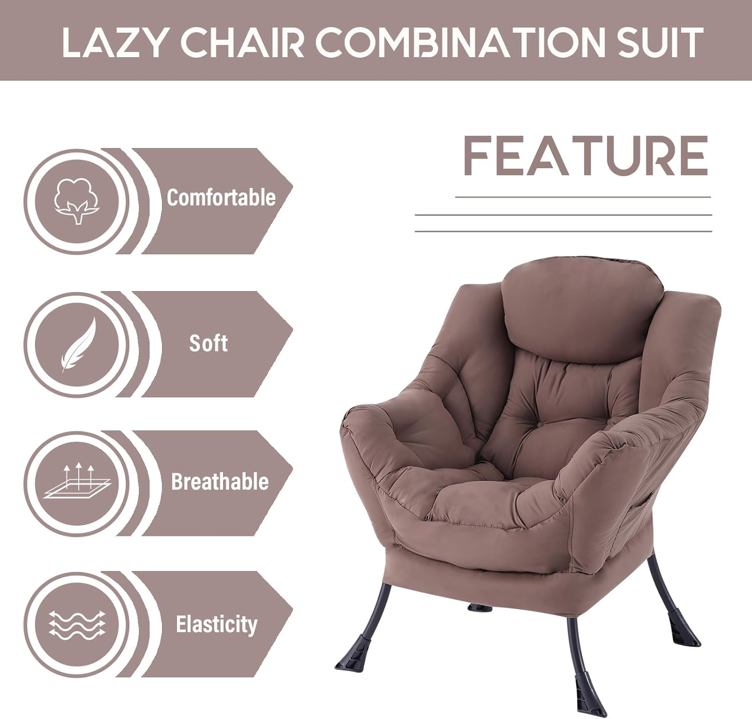 LITA Lazy Chair with Armrests and Side Pocket, Modern Upholstered Accent Reading Chair for Living Room, Bedroom, Dorm, Small Spaces, Single Dark Brown