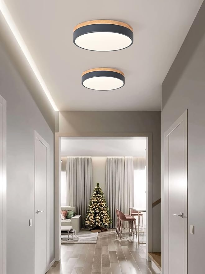 Dimmable Wood LED Flush Mount Ceiling Light, 5CCT 2700K-6000K Modern Round Close to Ceiling Lighting Fixtures, Minimalist Grey Ceiling Lamp for Bedroom, Kitchen, Laundry Room, Hallway