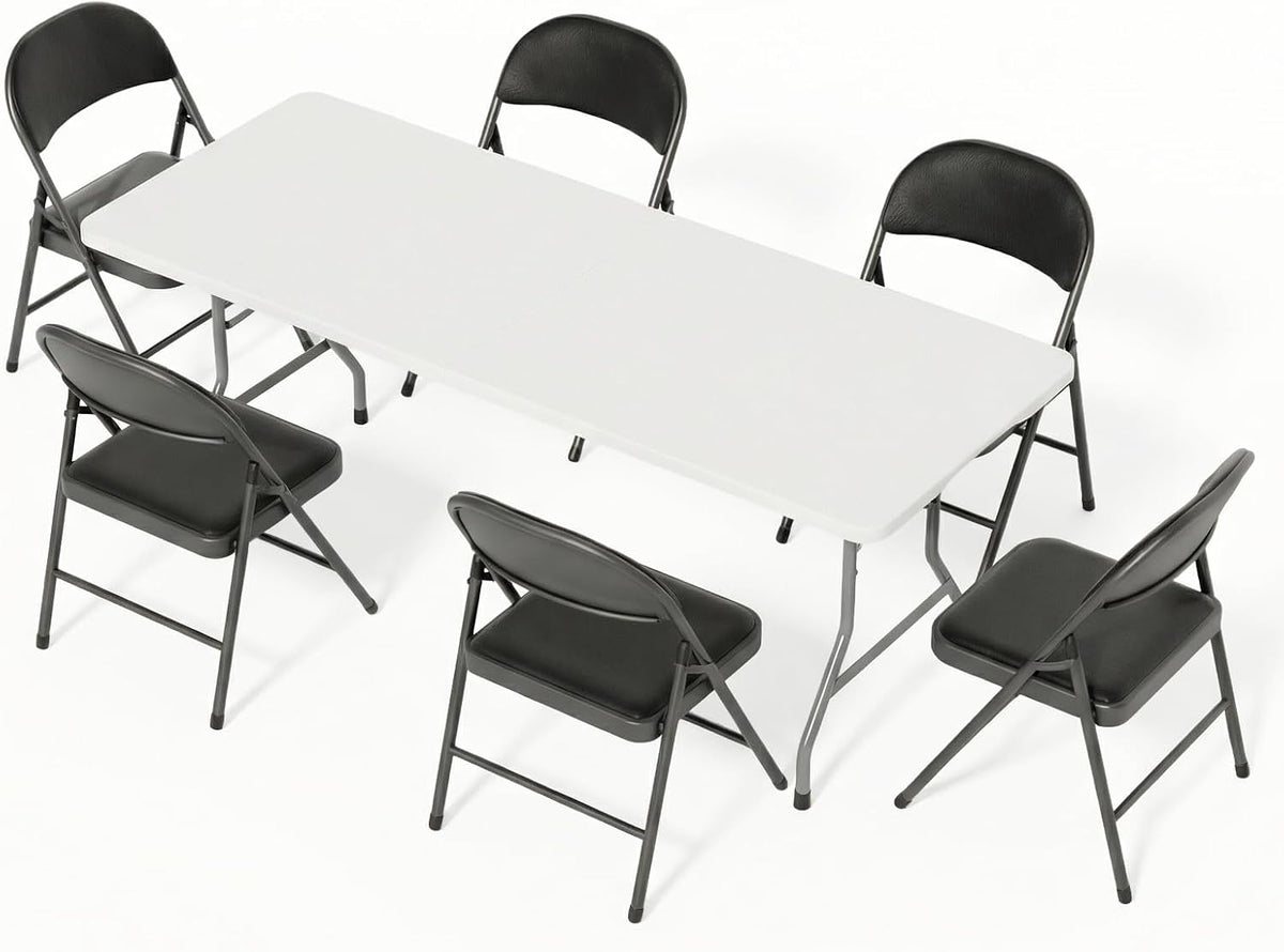 6FT White Plastic Folding Table Set with 6 Black PU Padded Chairs | Portable Foldable Tables and Chairs for Parties Picnic Events Office Dining Outdoor Activities Home and Commercial Use