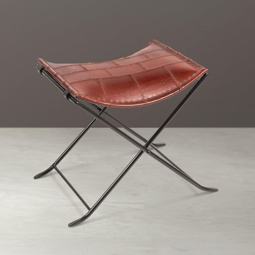 Creative Co-Op Collapsible Leather and Metal Stool, Russet Brown