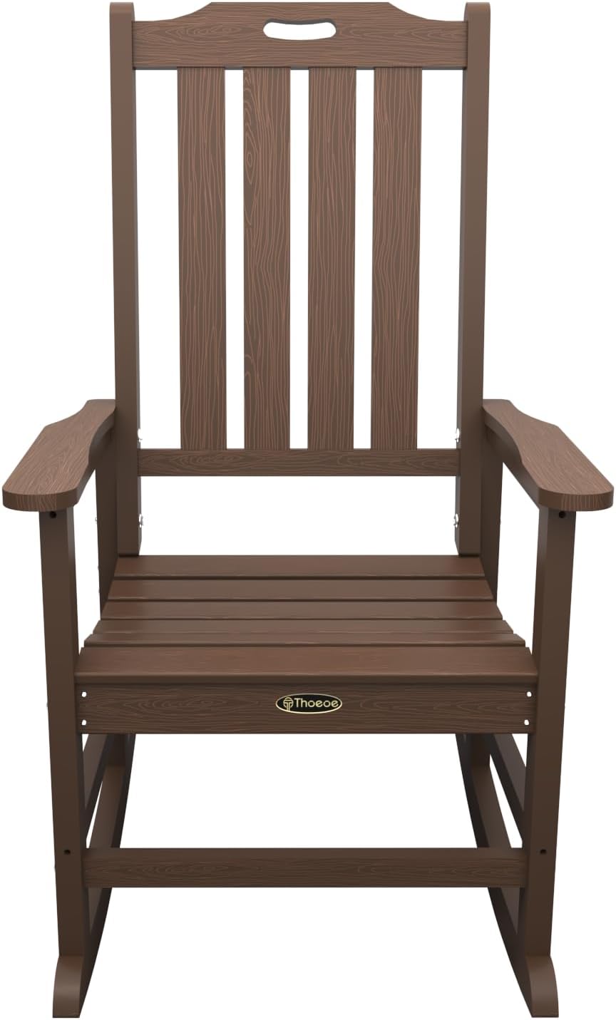 THOEOE Outdoor Rocking Chairs Set of 2, Oversized Patio Rocking Chair | HDPE Outdoor Rockers for Front Porch, Patio, Backyard, Balcony and Garden. All-Weather High Back Design, Brown