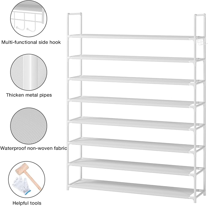 8 Tier Shoe Rack Organizer Large Shoe Storage Rack for Closet Entryway Shoe Holder Space Saving Shoe Shelf Shoe Stand Tall Shoe Tower Metal Shoe Rack Holds up to 32-40 Pairs of Shoes