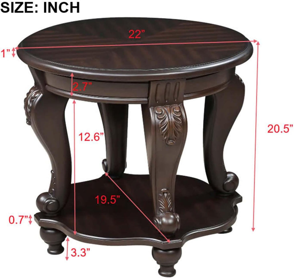 Round End Table for Living Room, Solid Wood Sofa Side Table with Shelf, Retro Corner Table for Office Small Space (22" W x 19.5" D x 20.5" H, Espresso)