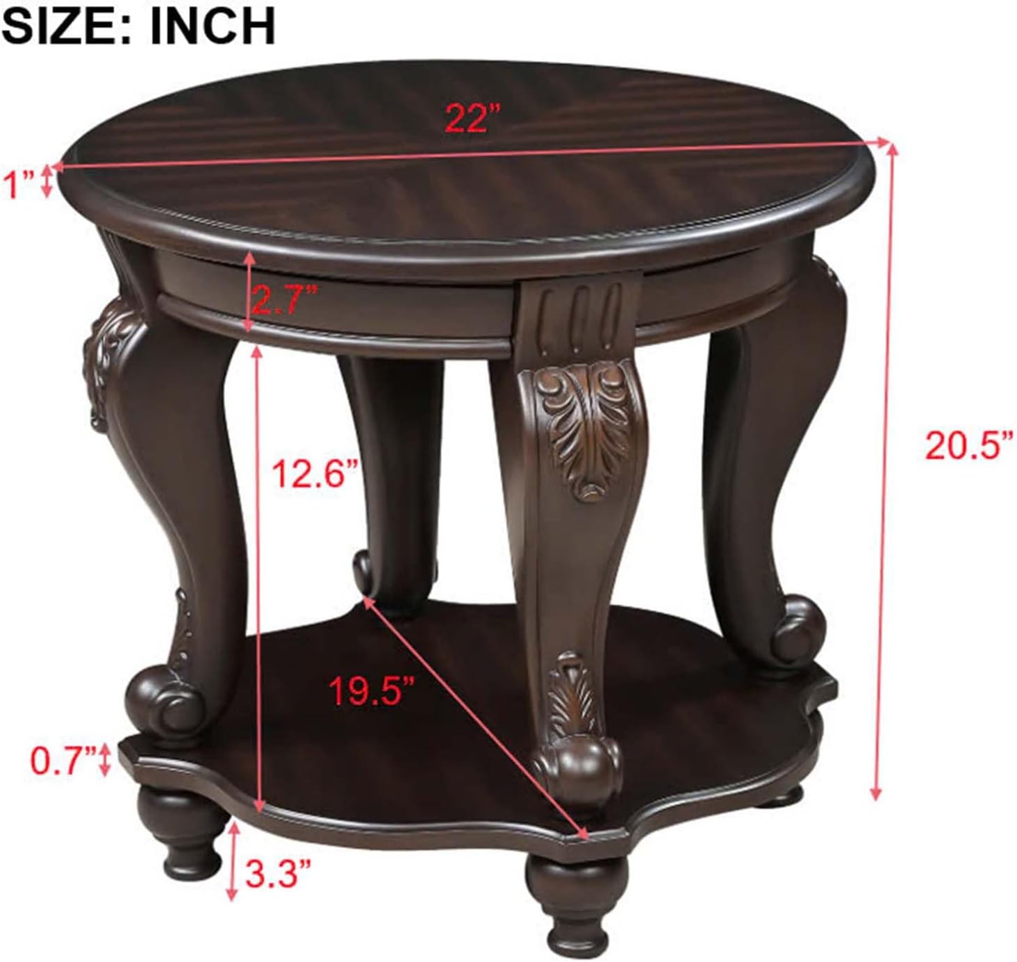 Round End Table for Living Room, Solid Wood Sofa Side Table with Shelf, Retro Corner Table for Office Small Space (22" W x 19.5" D x 20.5" H, Espresso)