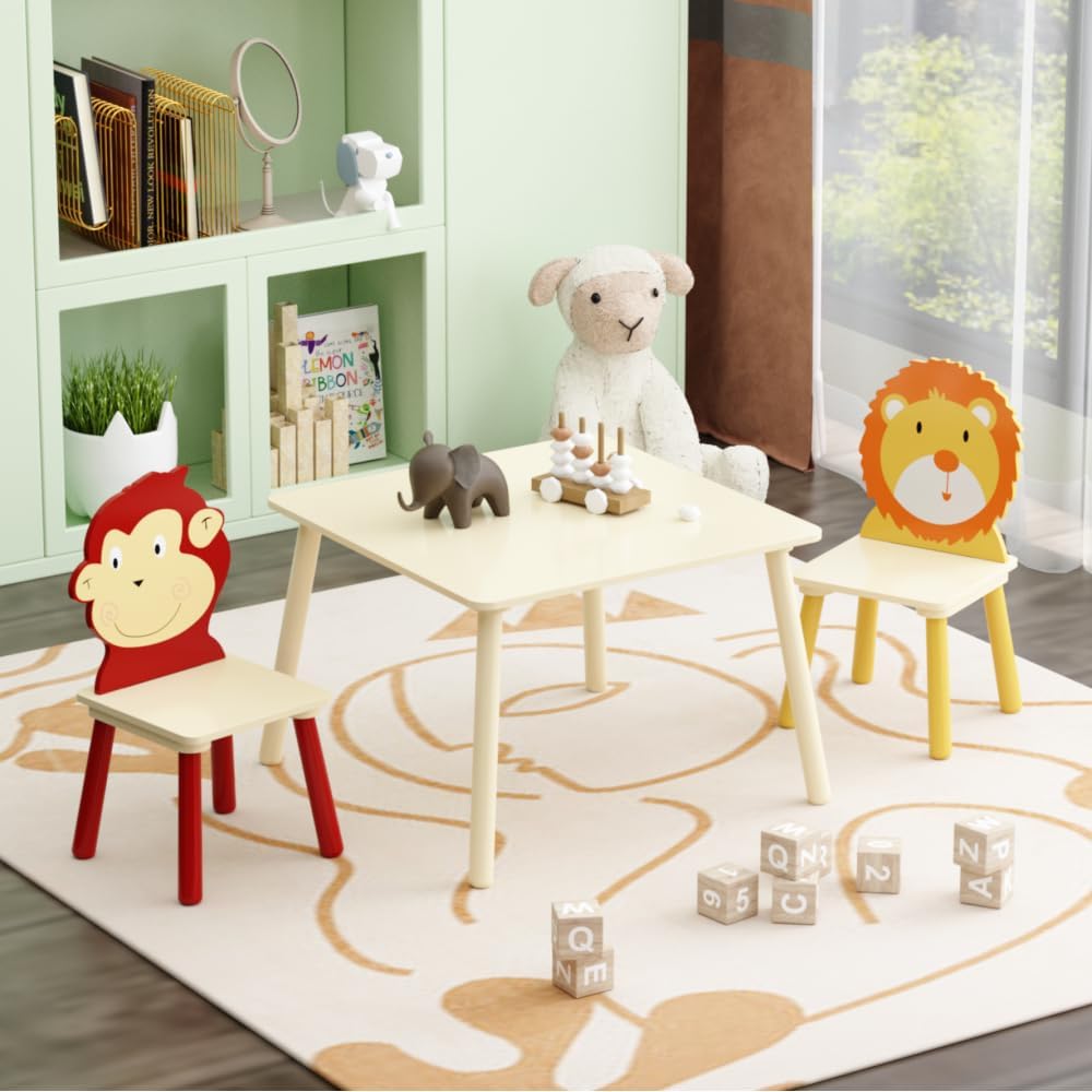 Kids Table and 2 Chairs Set, 3 Pieces Toddler Table and Chair Set, Wooden Activity Play Table Set (Lion&Monkey) (Yellow + Red)