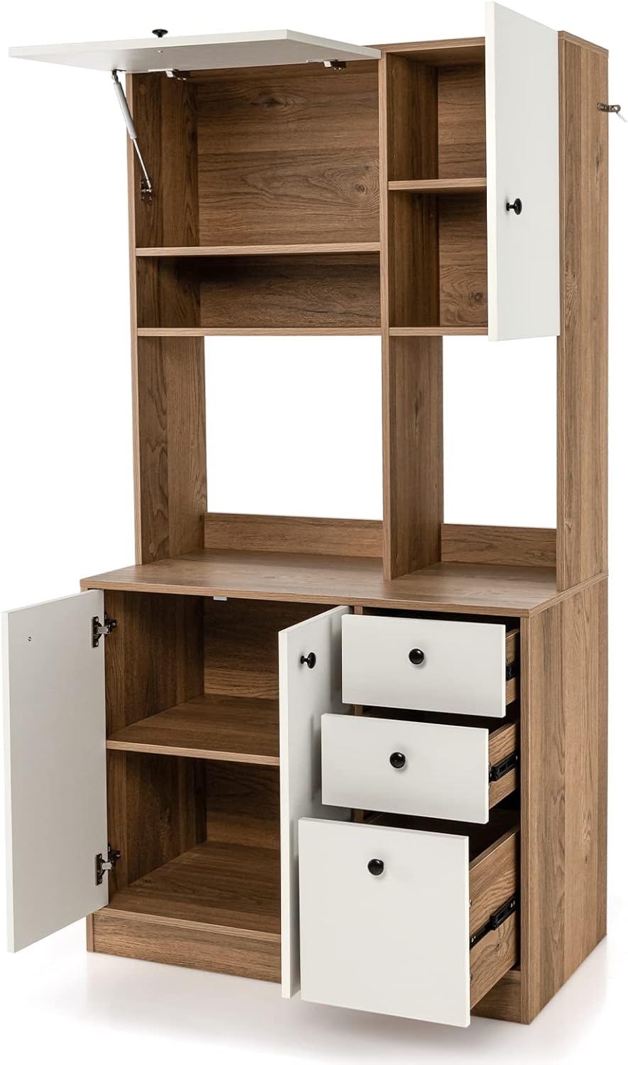 LOKO 71” Tall Kitchen Pantry Storage Cabinet, Freestanding Buffet Hutch with Doors, Adjustable Shelves, 3 Drawers and Microwave Stand, Kitchen Hutch for Dining Room, Living Room (White & Natural)