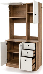 LOKO 71” Tall Kitchen Pantry Storage Cabinet, Freestanding Buffet Hutch with Doors, Adjustable Shelves, 3 Drawers and Microwave Stand, Kitchen Hutch for Dining Room, Living Room (White & Natural)