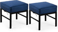 2 Pieces Outdoor Patio Ottomans, Assembled Metal Outdoor Ottoman with Blue Cushions, Metal Small Outdoor Foot Stools for Patio Porch Yard Garden Deck, Black Frame