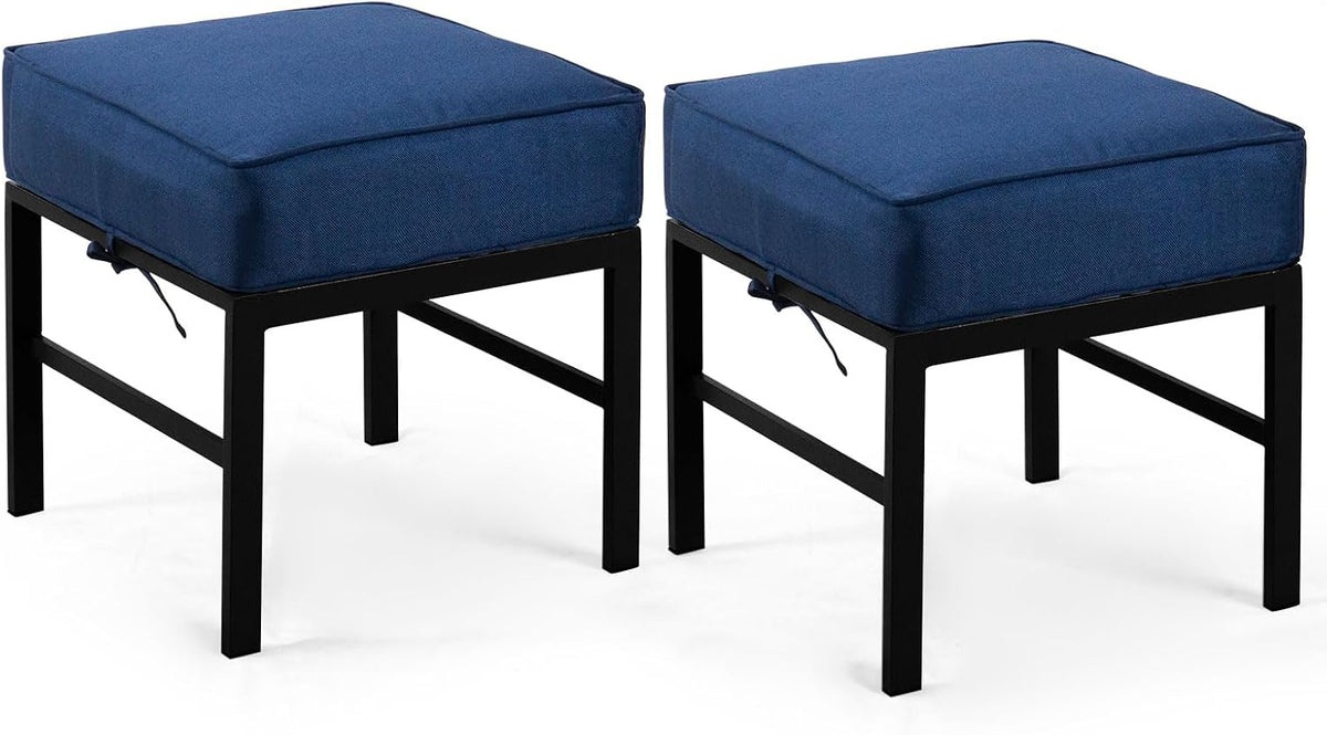 2 Pieces Outdoor Patio Ottomans, Assembled Metal Outdoor Ottoman with Blue Cushions, Metal Small Outdoor Foot Stools for Patio Porch Yard Garden Deck, Black Frame