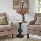 Pemberly Row 23" Round Wood Accent Table, Reclaimed Walnut Top with Ash Veneer and Black Hand-Carved Base, Natural/Black Finish, Transitional Style for Home Décor
