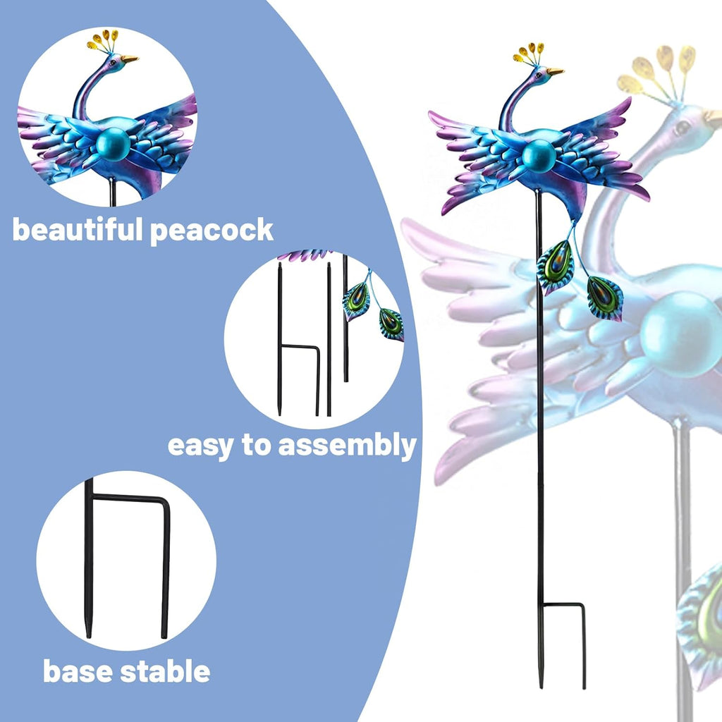 WONDER GARDEN Wind Spinners Outdoor - 2 Pack Small Metal Blue Peacock Wind Spinner Windmill, Wind Sculpture for Yard Patio Lawn Decor