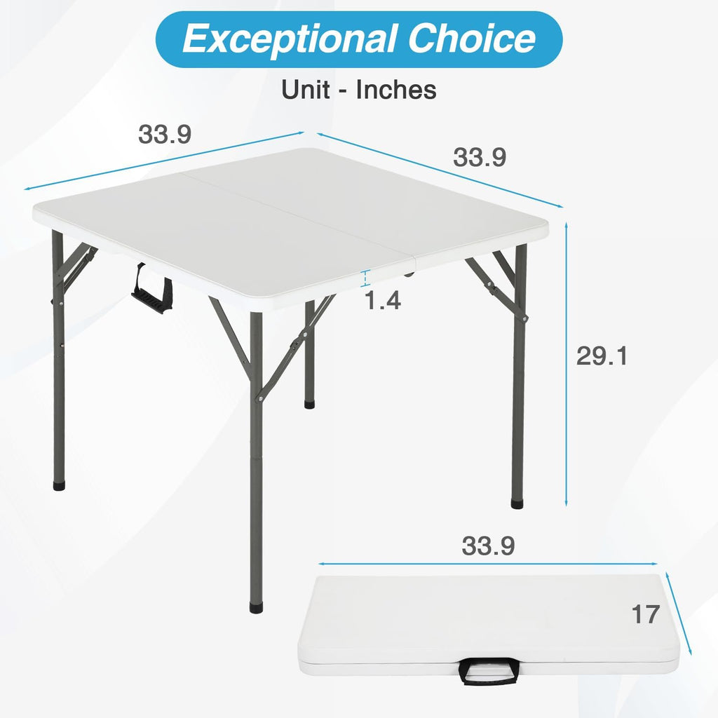 FDW | 34" Folding Table | White | Portable Plastic Table | with Carry Handle | Waterproof & Foldable Table Design | Steel Frame with Lock | for Events, Camping, Indoor & Outdoor Use
