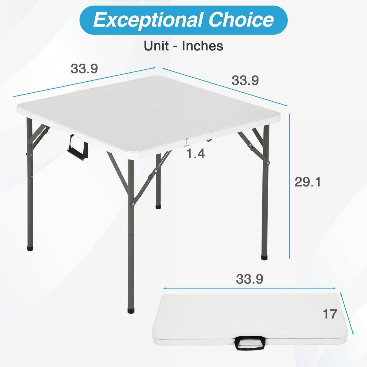 FDW | 34" Folding Table | White | Portable Plastic Table | with Carry Handle | Waterproof & Foldable Table Design | Steel Frame with Lock | for Events, Camping, Indoor & Outdoor Use