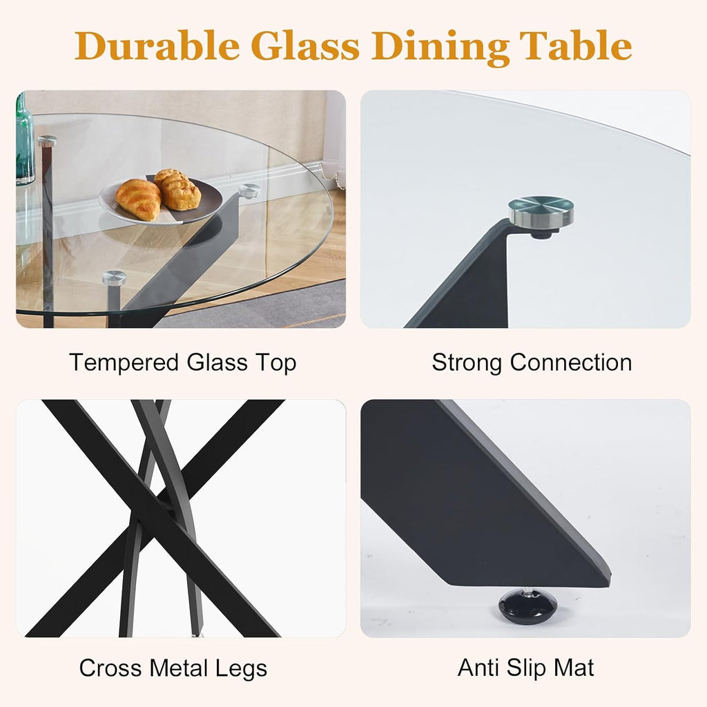 Dining Table Set for 4, Round Glass Kitchen Table with 4 Blue Highback Tufted Velvet Side Chairs, 5-Piece Modern Dining Room Set for Kitchen, Apartment, Small Spaces