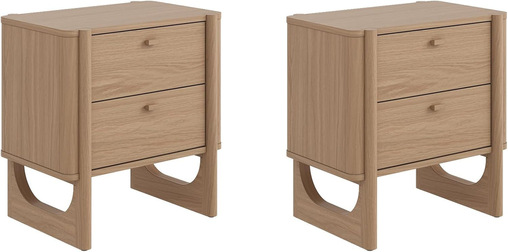 Nathan James Solace Mid Century Modern 2 Drawer Nightstand with Solid Wood Frame and Rounded Details, Raw Oak Set of 2