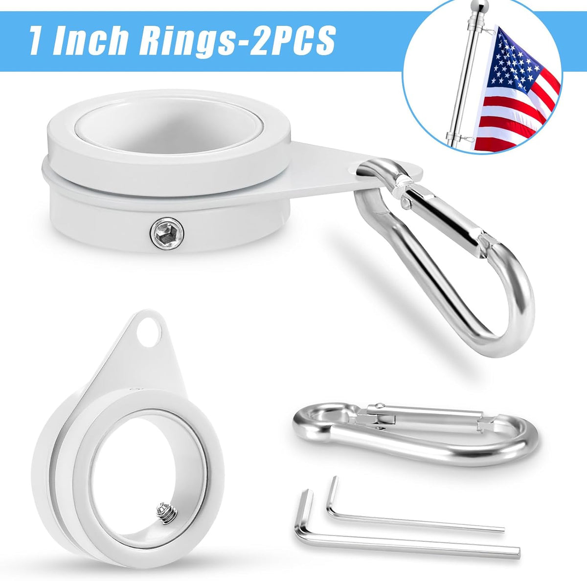 1" White Flag Pole Rings, 2 Pcs Anti Wrap Aluminum Alloy Flag Pole Clips Swivels, 360° Rotating Flagpole Flag Mounting Rings, Spinning Flag Pole Kit for 0.75-1.02" Diameter (Φ1, White)