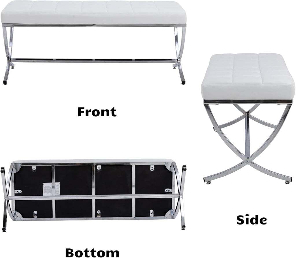 HEAH-YO Modern Button Tufted Bench, PU Faux Leather Ottoman Dining Bench, Stylish Footstool for Entryway Bedroom Kitchen Dining Table, White