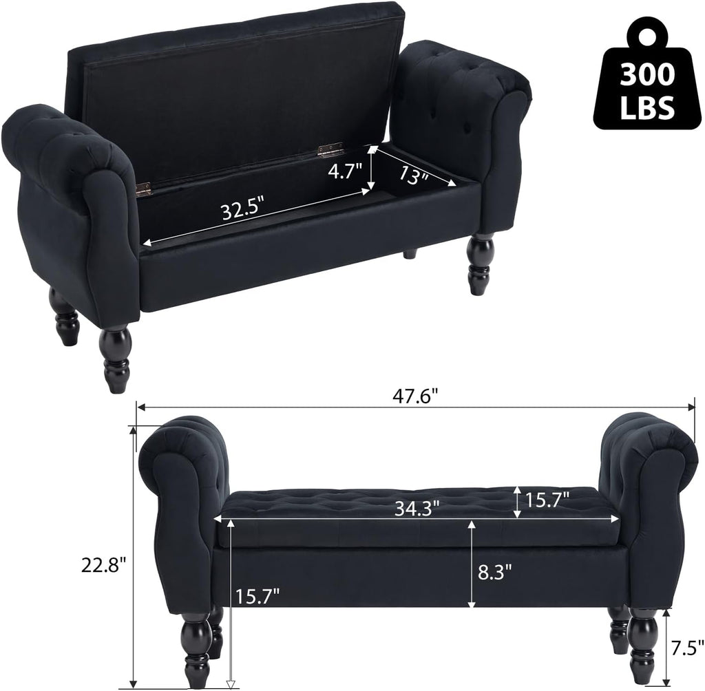 48'' Storage Bench for End of Bed, Modern Bedroom Bench with Arms Upholstered Velvet Lift-top Entryway Ottoman with Storage, Button Tufted Window Bench for Living Room, Reception, Black