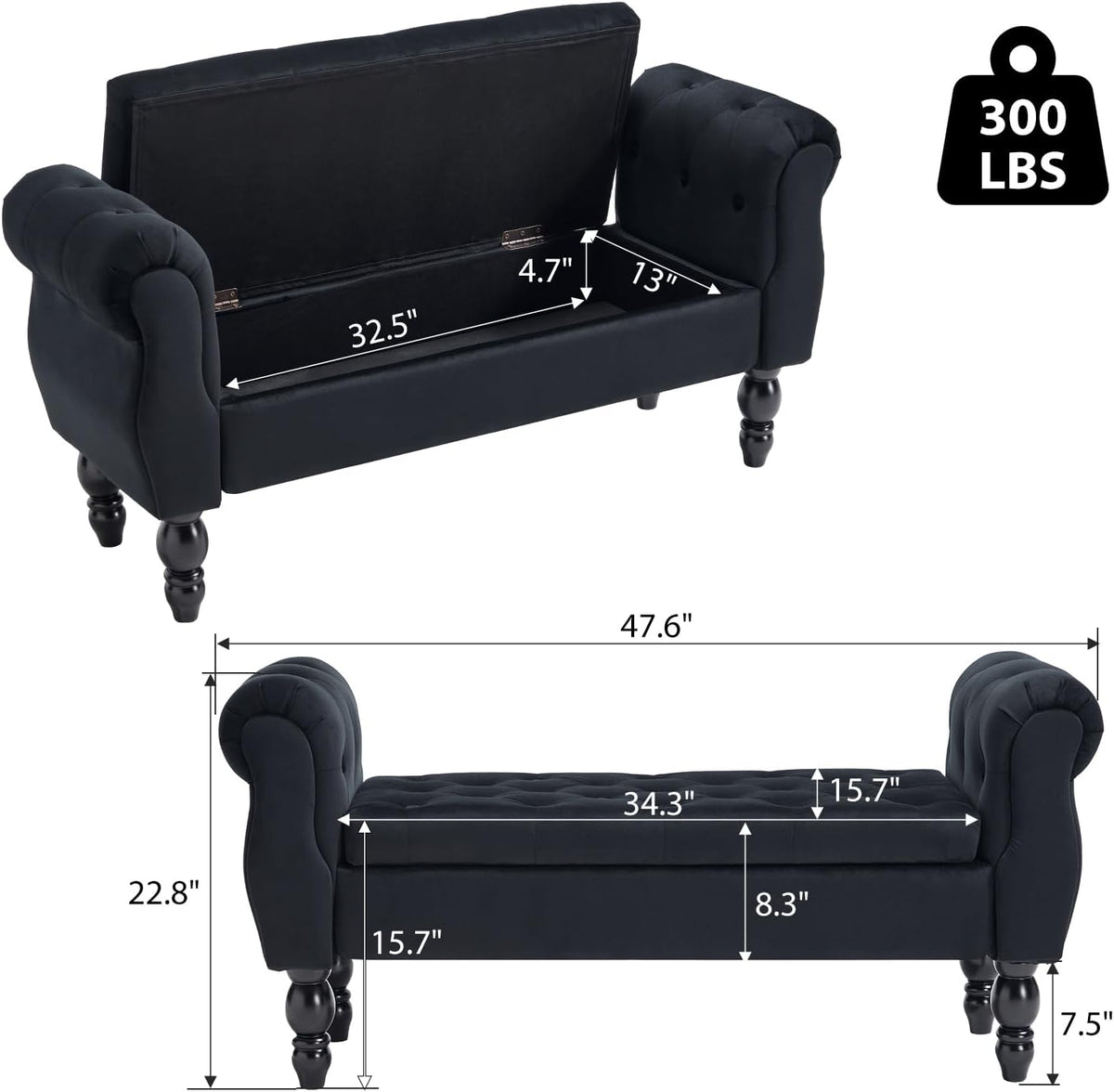 48'' Storage Bench for End of Bed, Modern Bedroom Bench with Arms Upholstered Velvet Lift-top Entryway Ottoman with Storage, Button Tufted Window Bench for Living Room, Reception, Black