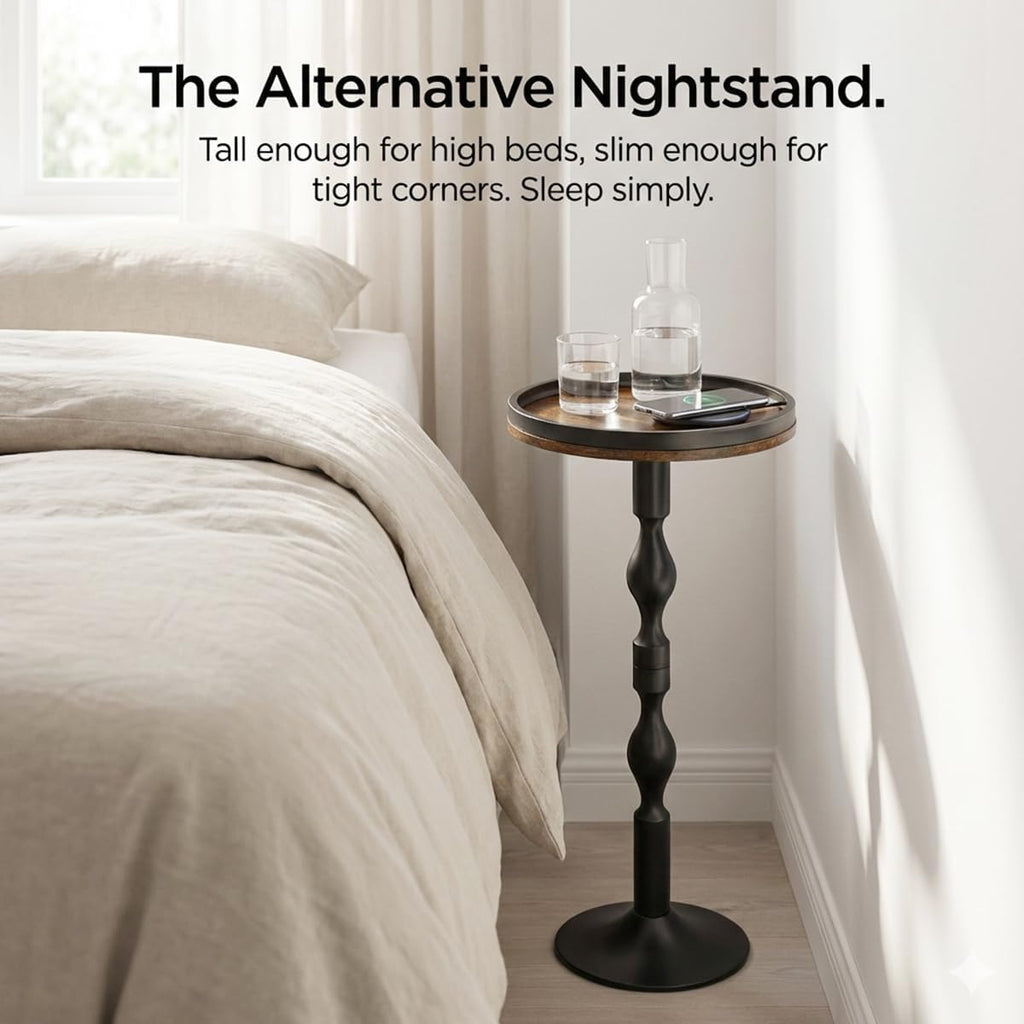 Small Round Side Table,Drink Table with Weighted Base,Industrial Metal & Wood Pedestal End Table with Tray Top, Martini Table for Small Spaces, Living Room,Bedroom,27" H