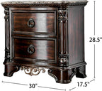 Genuine Marble Top Nightstand with 2 Drawers, Brown Cherry,for Small Spaces
