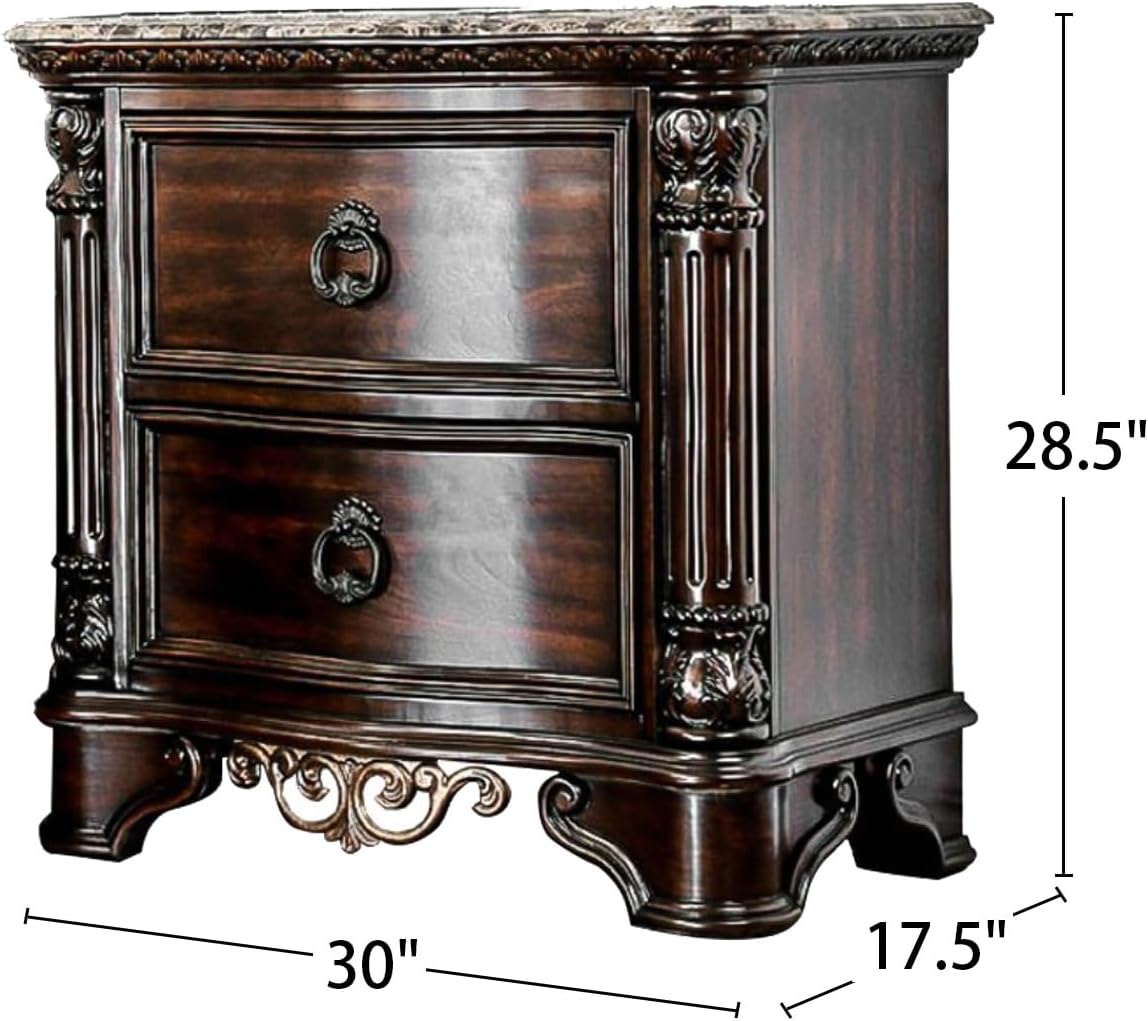 Genuine Marble Top Nightstand with 2 Drawers, Brown Cherry,for Small Spaces