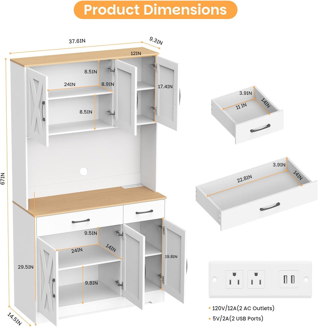42" Tall Kitchen Pantry Storage Cabinet with Microwave Stand, with Charging Station, Farmhouse Food Pantry with Drawers for Living Room,Dining Room (White)