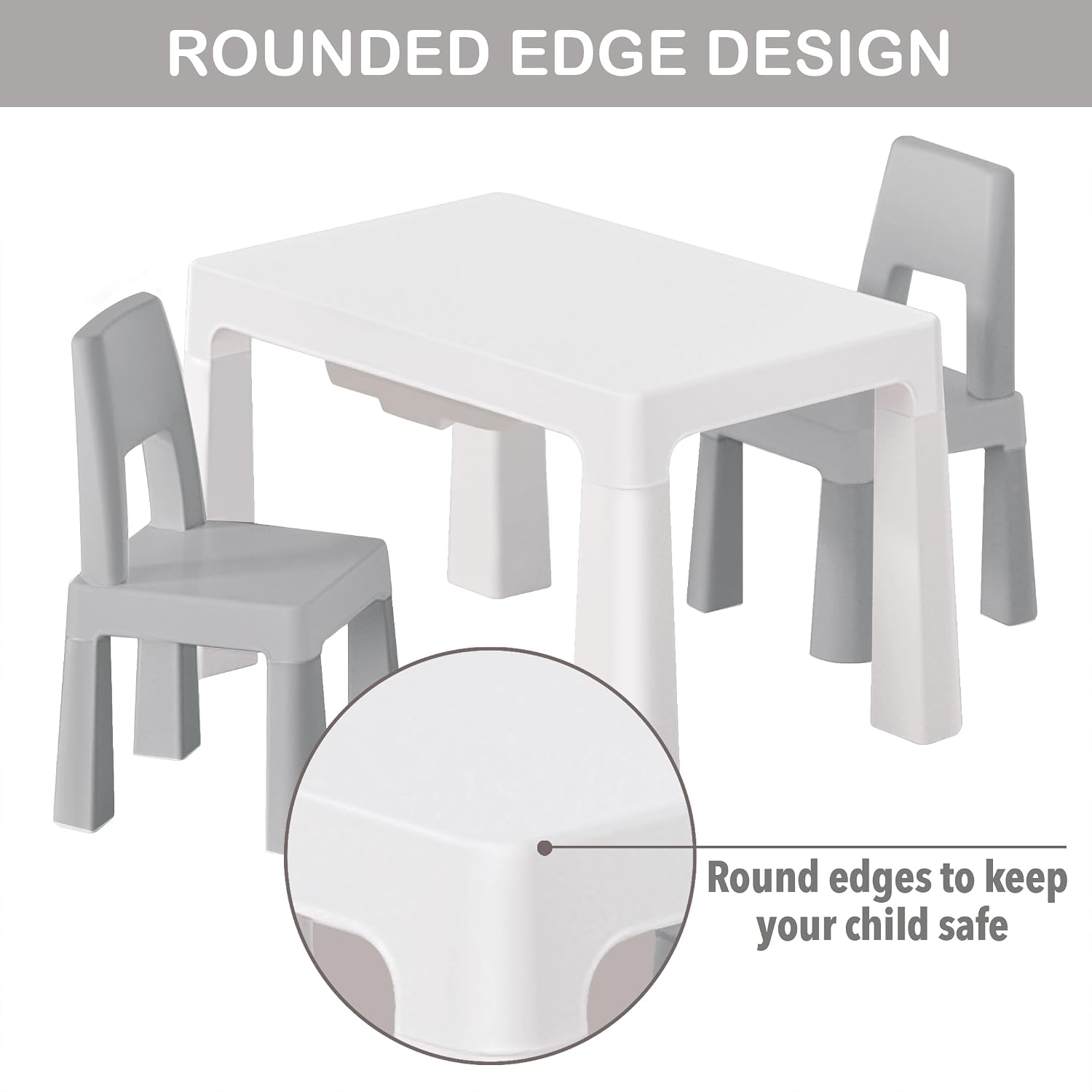 Little Twig 3-Piece Height Adjustable Kids Table and Chairs Set – Built-in Storage Drawers, Modern Design, Easy to Clean, Perfect for Eating, Activities, or Studying (Gray)