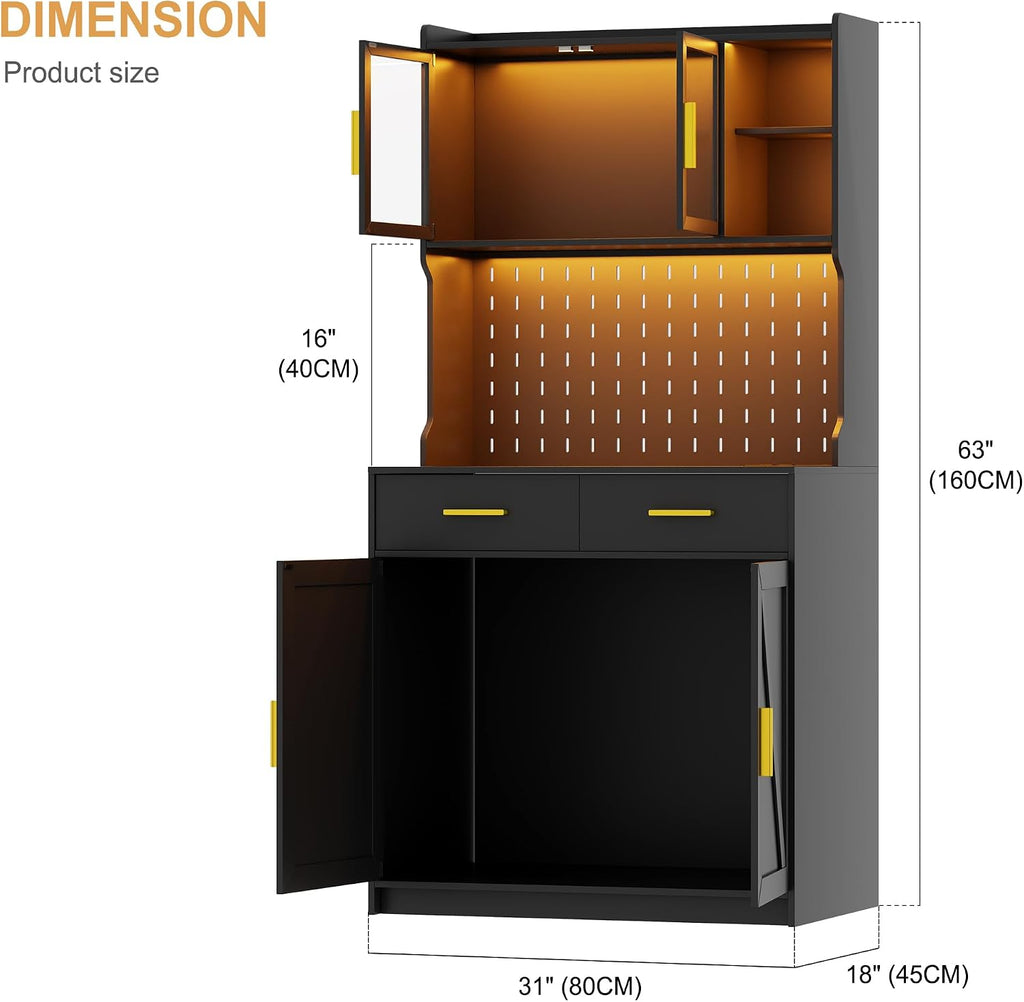 LED Kitchen Pantry Cabinet with Outlets, Farmhouse Storage Cabinet with Drawers & Adjustable Shelves, 64" Tall Cupboard with Pegboard & Hooks for Dining Room (Black)
