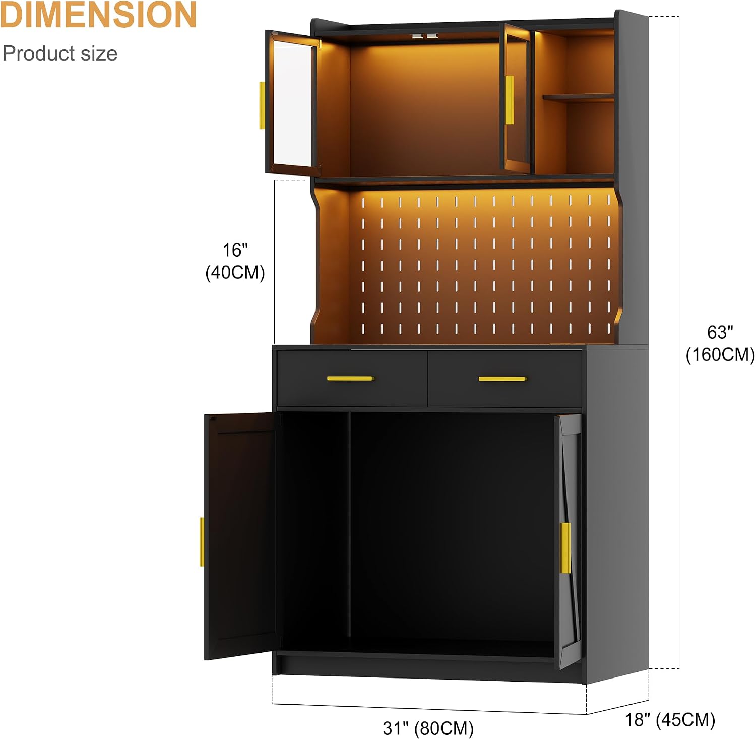 LED Kitchen Pantry Cabinet with Outlets, Farmhouse Storage Cabinet with Drawers & Adjustable Shelves, 64" Tall Cupboard with Pegboard & Hooks for Dining Room (Black)