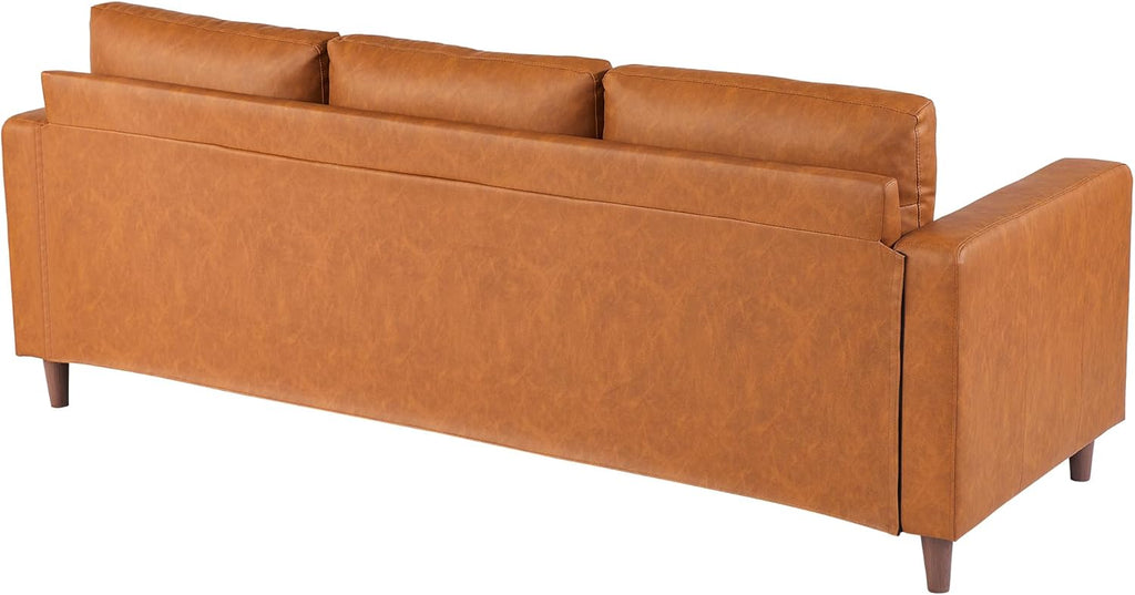 GarveeLife 85" Mid Century Modern PU Leather Sofa, 3 Seater Couch with Deep Seat & Cushions, Faux Leather Living Room Sofa for Apartment, Bedroom, Office, Orange