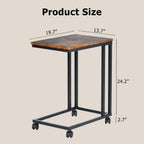 FurnitureR End Table C Shaped, Snack Side Table with Rolling Wheels for Sofa Couch and Bed, Portable, Easy Assembly, Metal Frame, Rustic Brown